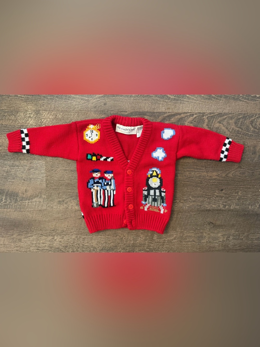 The Eagle's Eye Vintage Red Knit Button Cardigan with Train & Figures